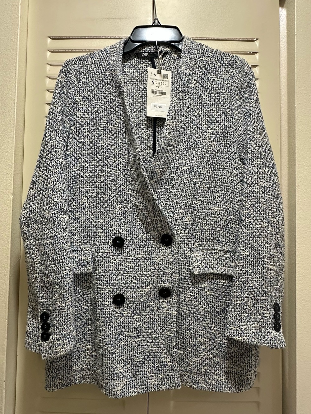 Zara Double-Breasted Bouclé Blazer in Gray and White